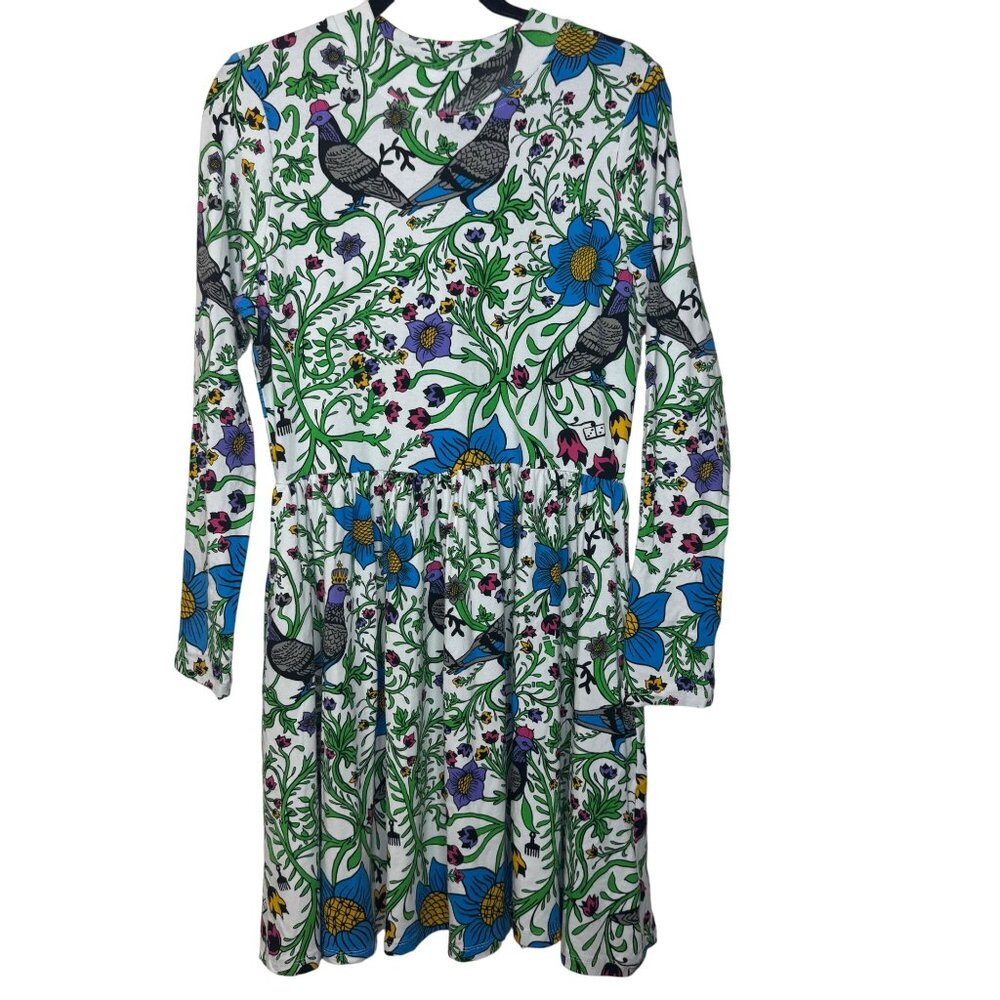 Roberto Lugo White/Multicolor Pigeon Floral Print Long Sleeve Shirt Dress size L
